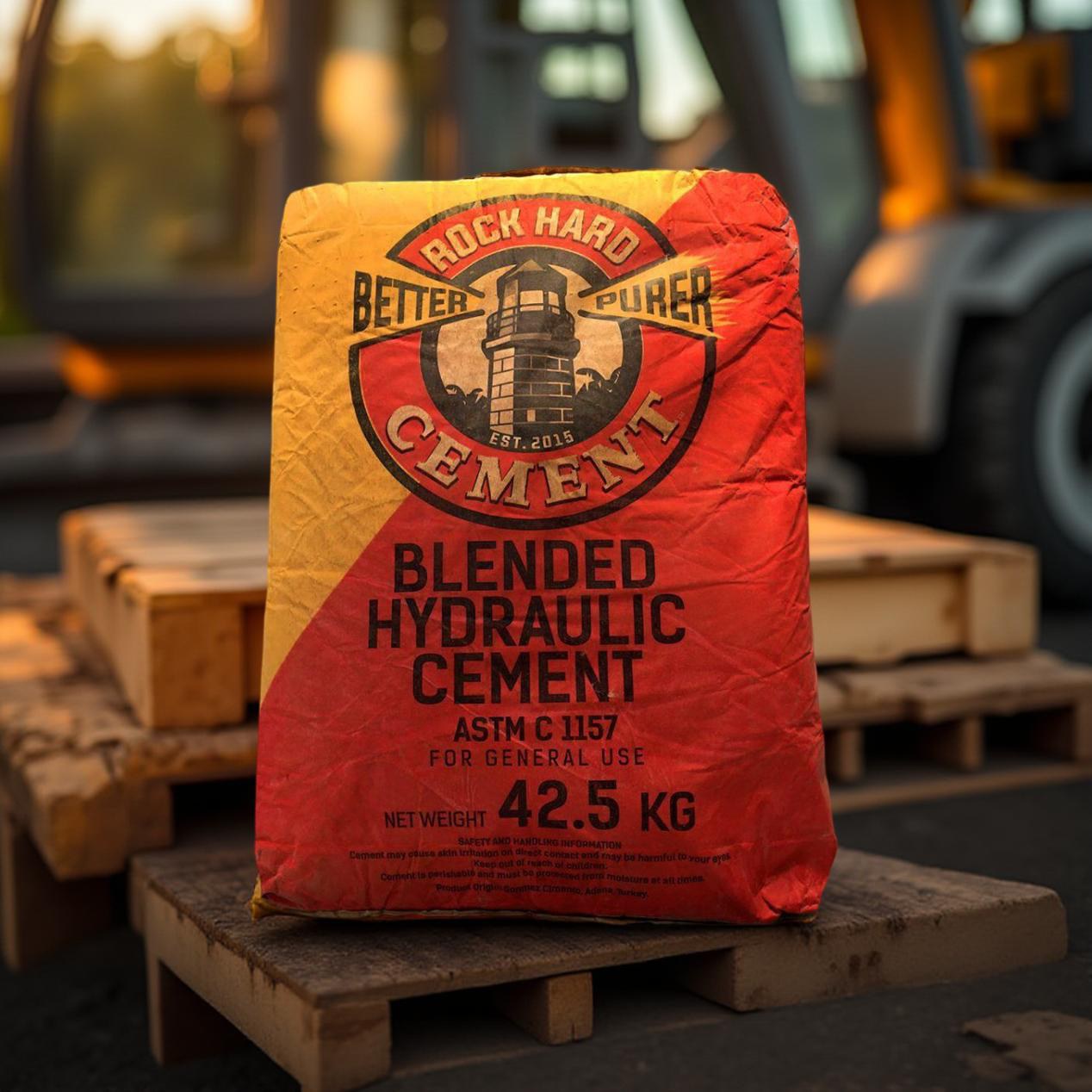 A 42.5 kg bag of Rock Hard blended hydraulic cement on a pallet at a job site